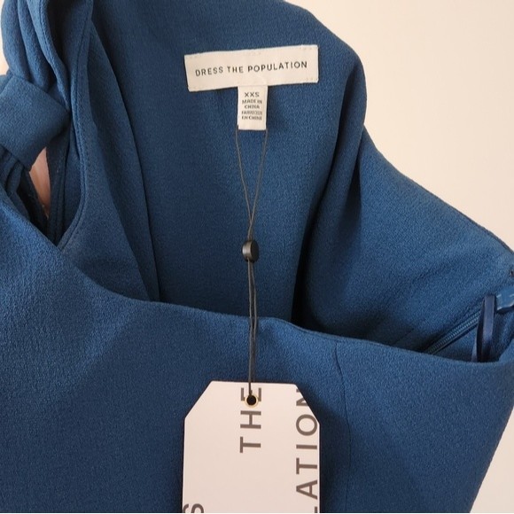 Dress the Population Tiffany One Shoulder Midi Sheath Dress Peacock Blue XXS NWT - Picture 6 of 9